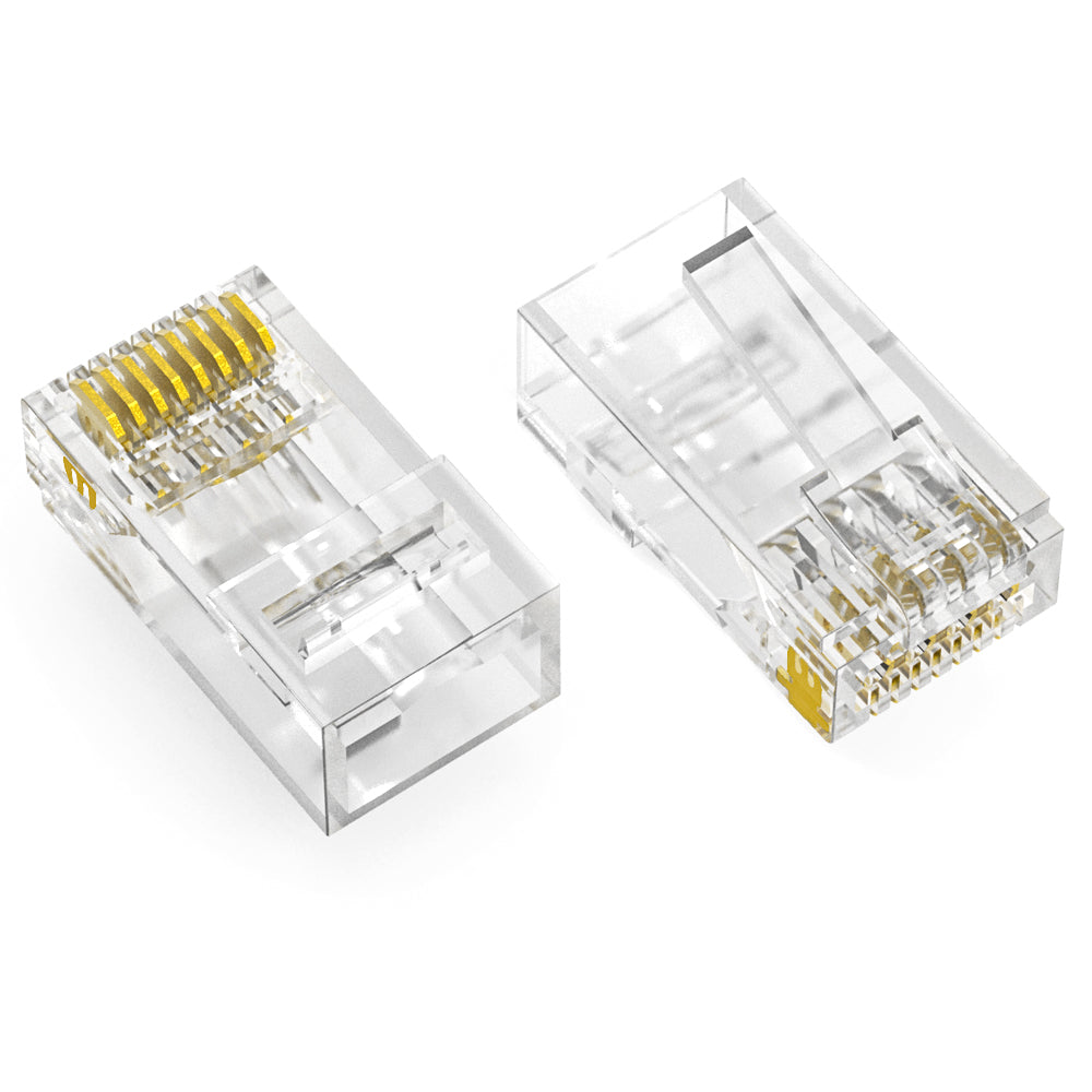 RJ45 CAT6A UTP Feed Through Plug for Solid and Stranded 3-Prong 50 Micron 100pk RJ45 CAT6A UTP Feed Through Plug for Solid and Stranded 3-Prong 50 Micron 100pk